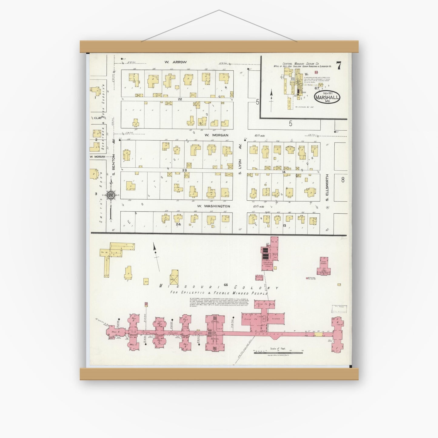 Old map wall art mockup — magnetic wood frame on white wall — Sanborn Fire Insurance Map from Marshall, Saline County, Missouri (1917), Sheet #0007