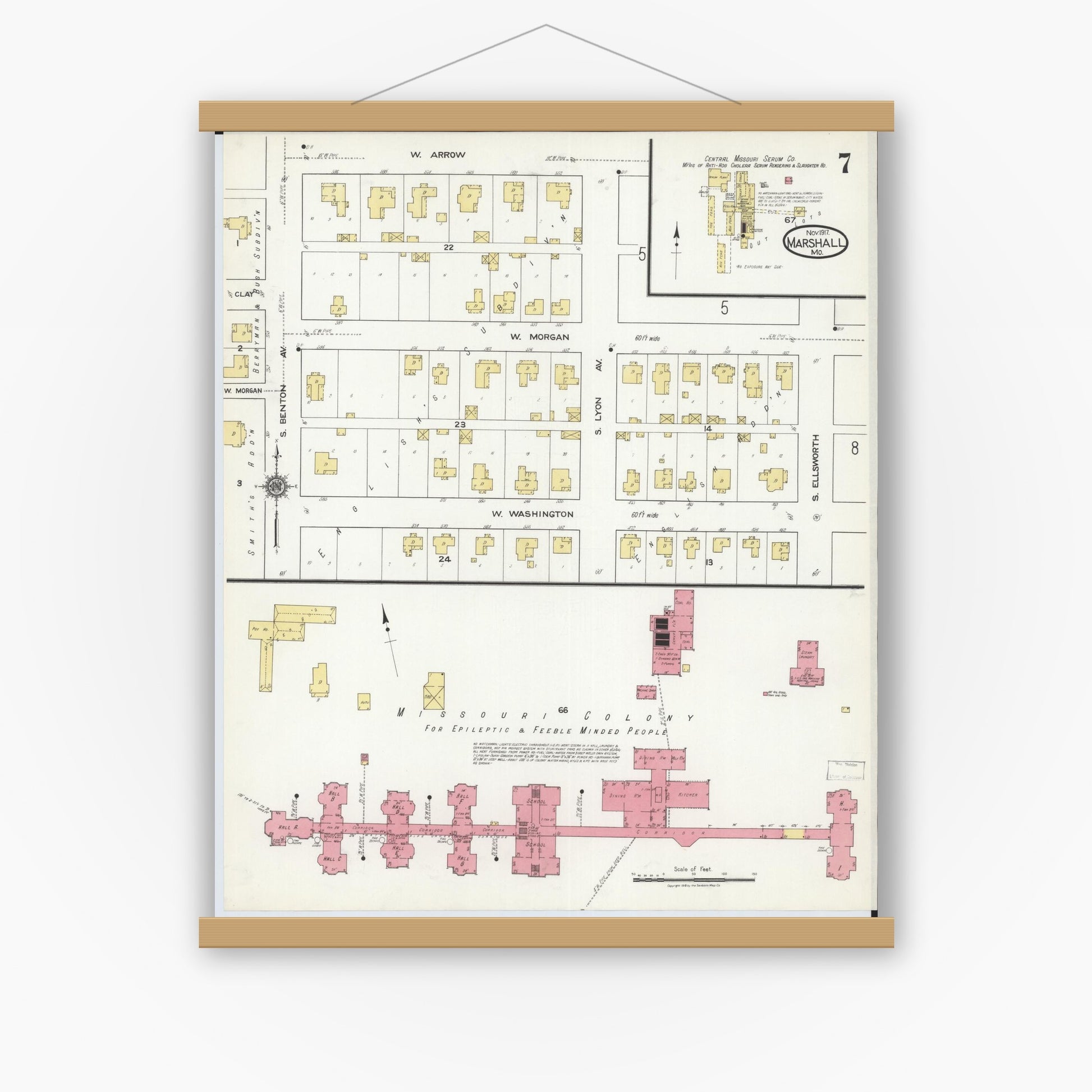 Old map wall art mockup — magnetic wood frame on white wall — Sanborn Fire Insurance Map from Marshall, Saline County, Missouri (1917), Sheet #0007