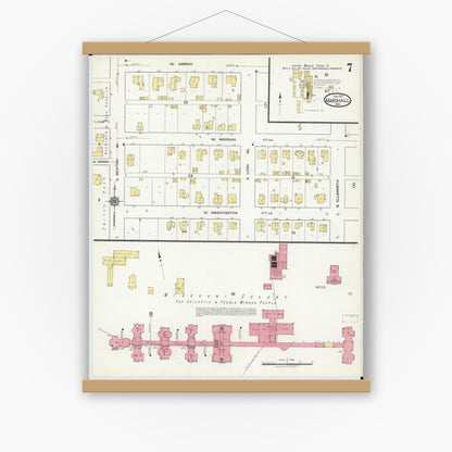 Old map wall art mockup — magnetic wood frame on white wall — Sanborn Fire Insurance Map from Marshall, Saline County, Missouri (1917), Sheet #0007