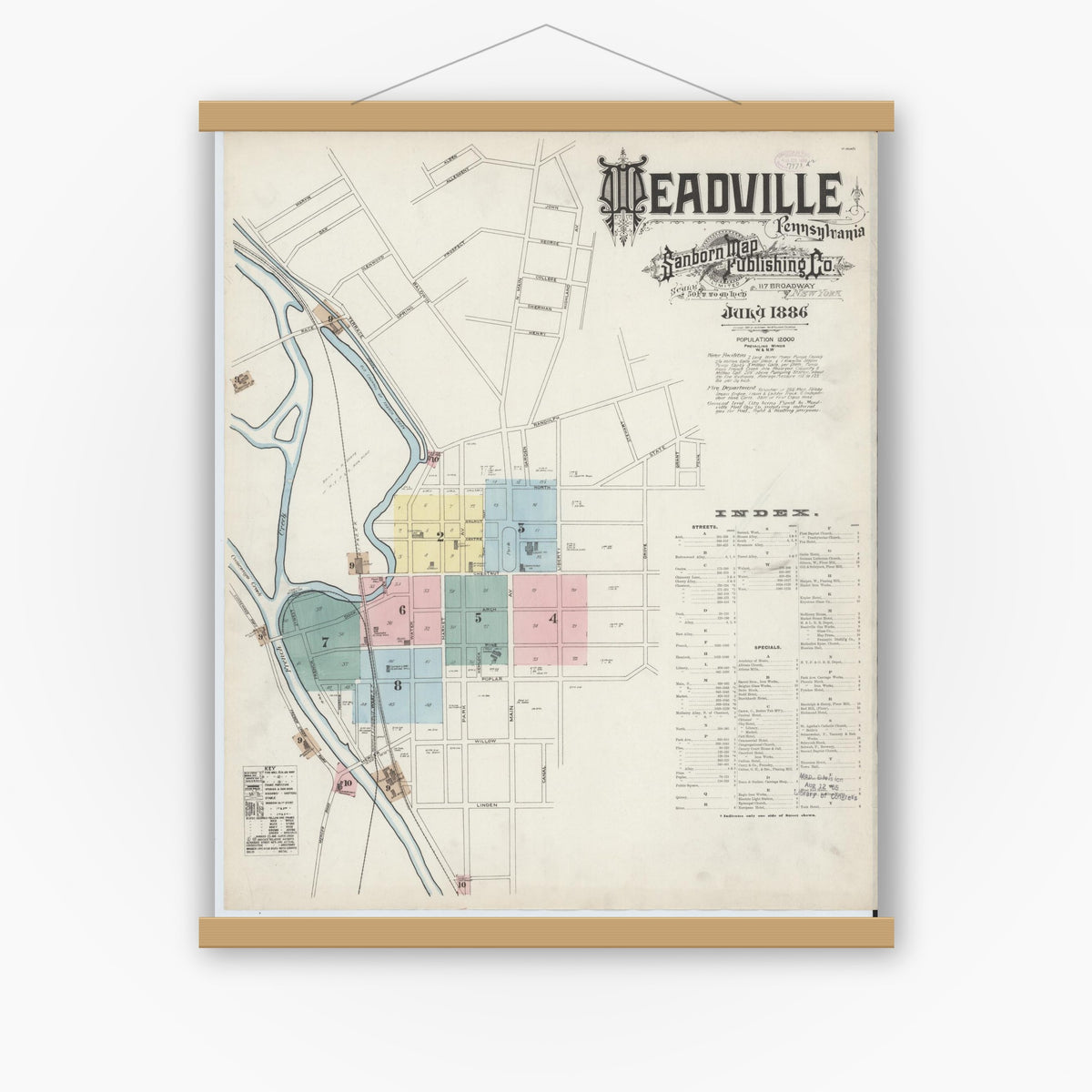 Old map wall art mockup — magnetic wood frame on white wall — Sanborn Fire Insurance Map from Meadville, Crawford County, Pennsylvania (1886), Sheet #0001