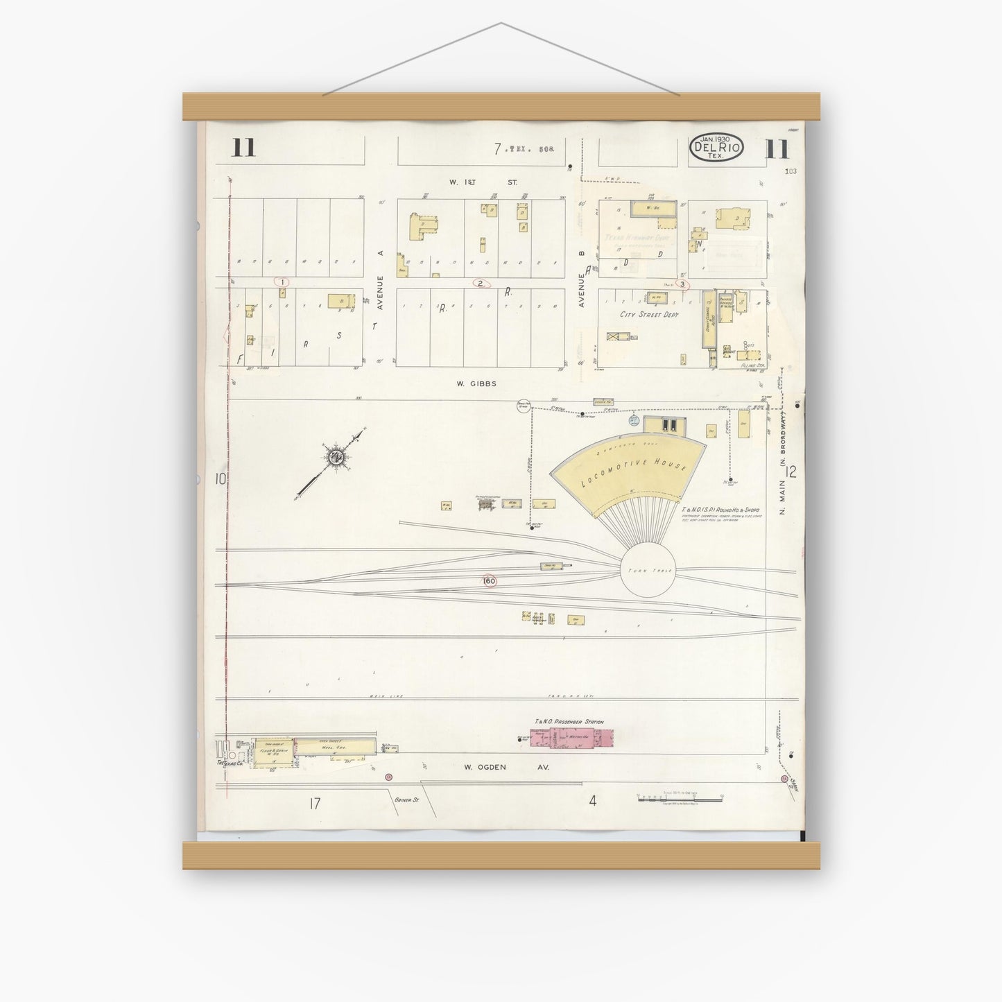Old map wall art mockup — magnetic wood frame on white wall — Sanborn Fire Insurance Map from Del Rio, Val Verde County, Texas (1948), Sheet #0011