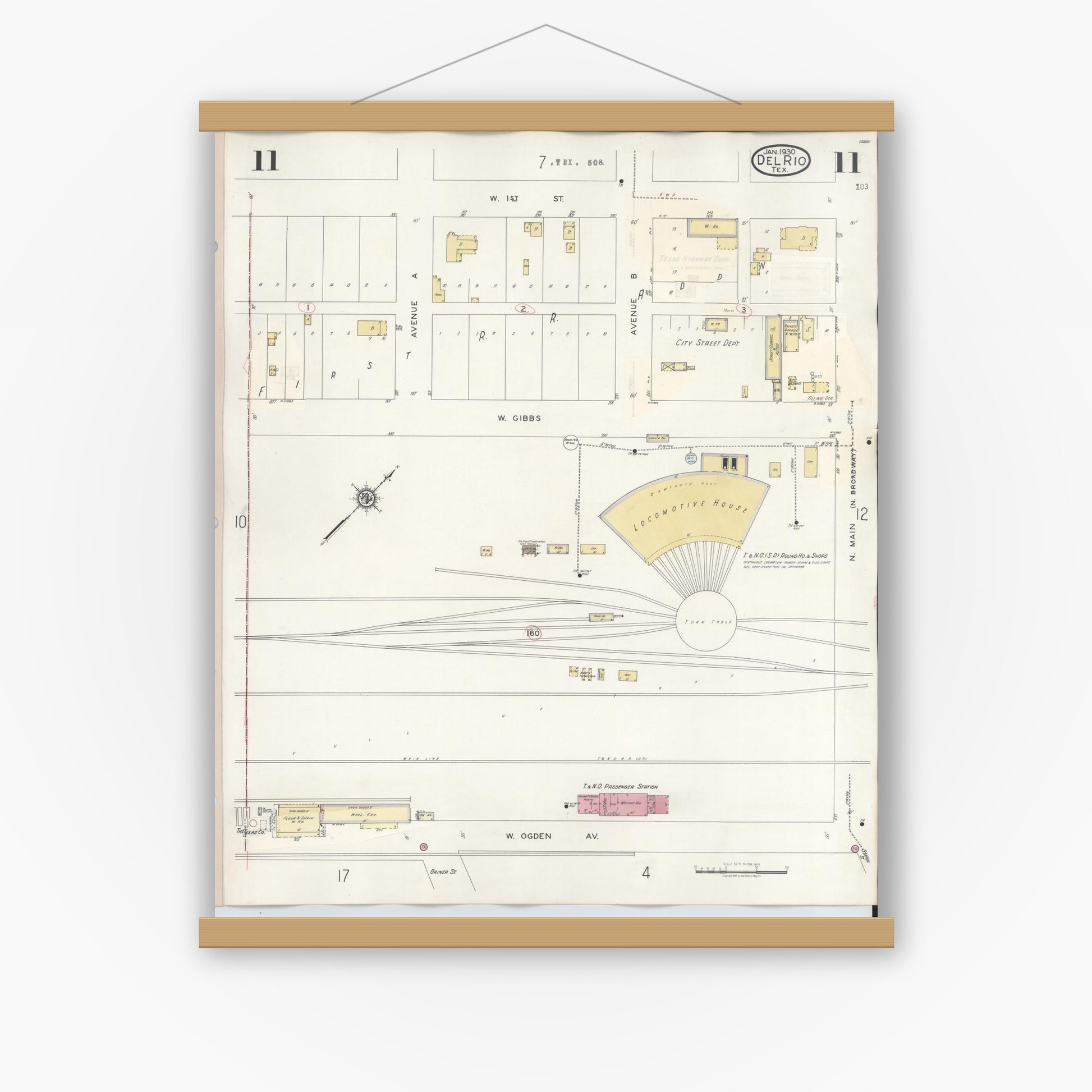 Old map wall art mockup — magnetic wood frame on white wall — Sanborn Fire Insurance Map from Del Rio, Val Verde County, Texas (1948), Sheet #0011
