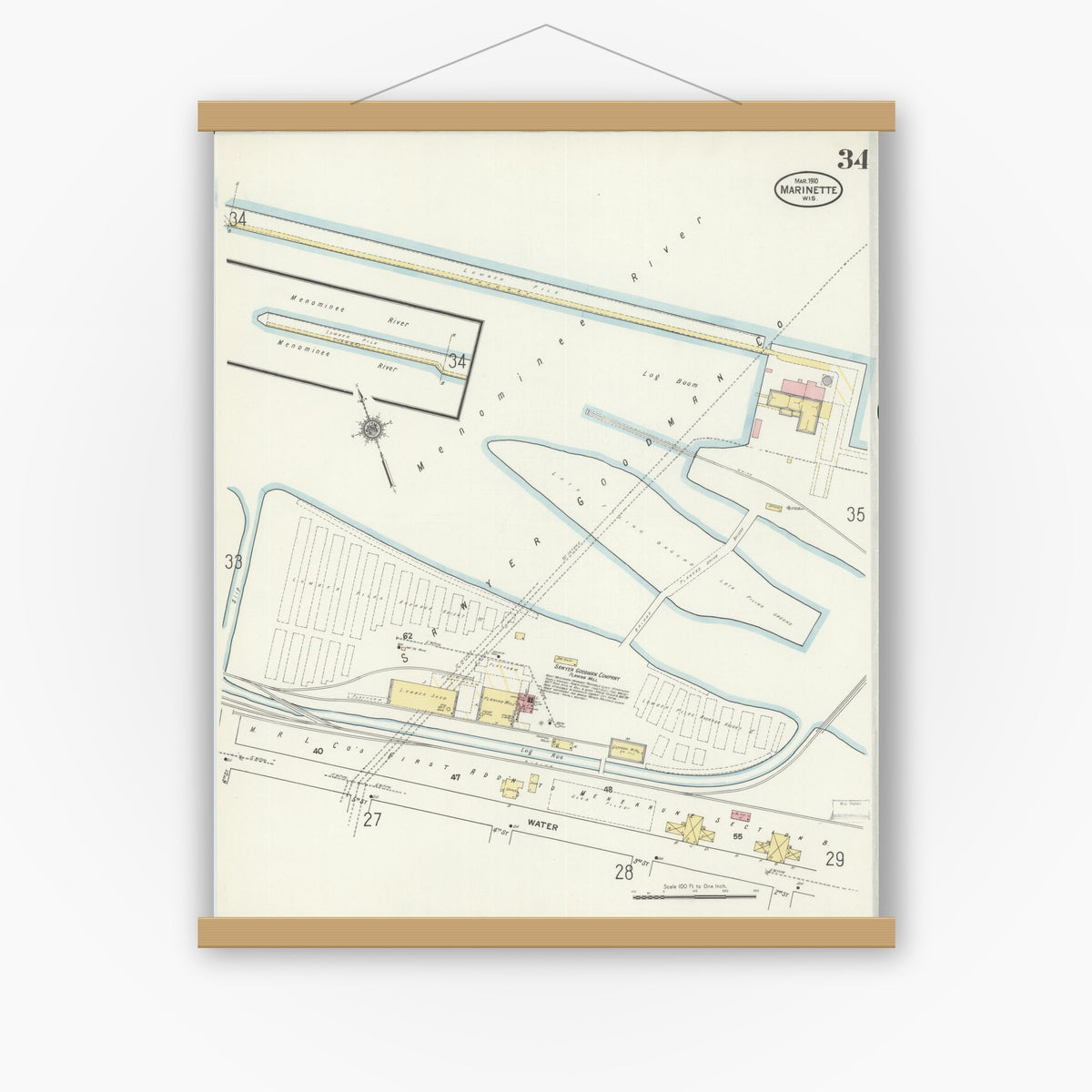 Old map wall art mockup — magnetic wood frame on white wall — Sanborn Fire Insurance Map from Marinette, Marinette County, Wisconsin (1910), Sheet #0034