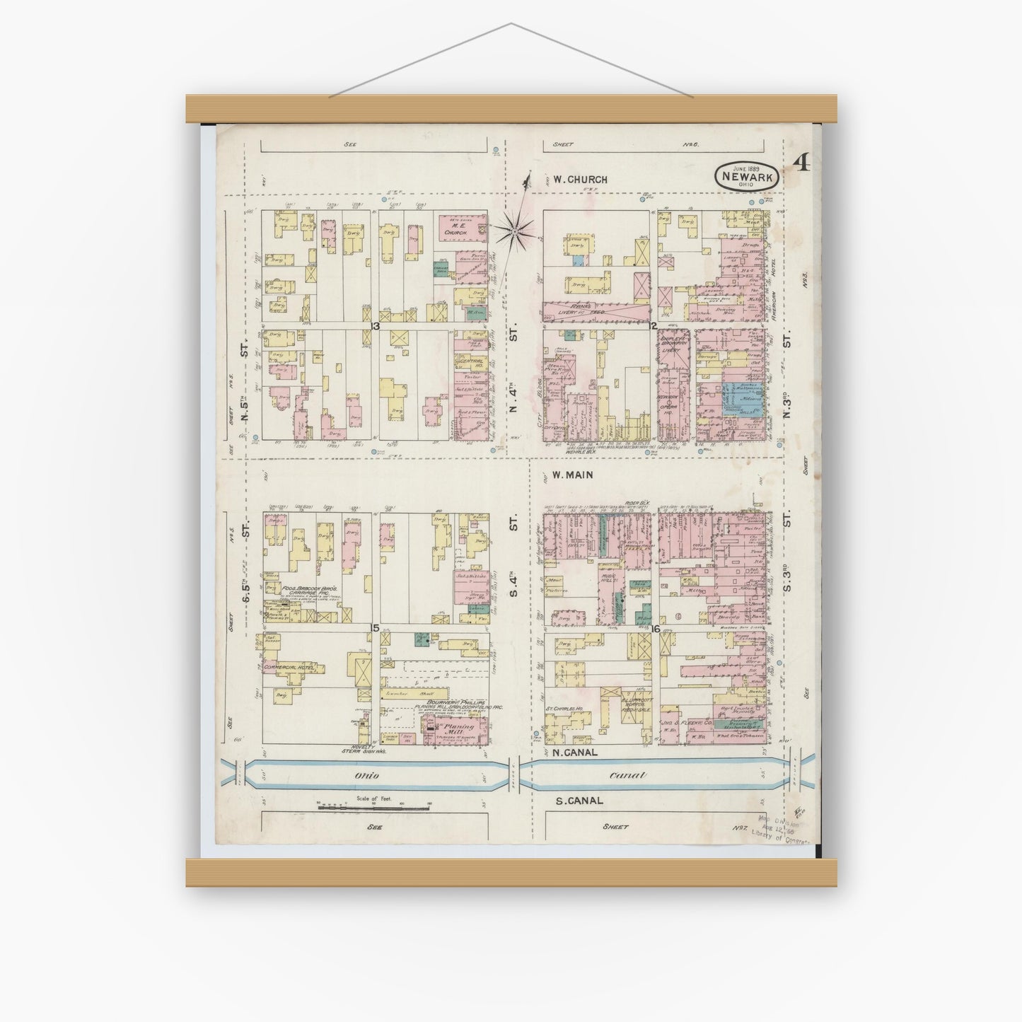 Old map wall art mockup — magnetic wood frame on white wall — Sanborn Fire Insurance Map from Newark, Licking County, Ohio (1889), Sheet #0004