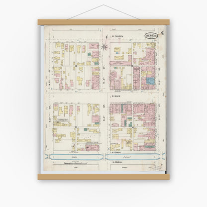 Old map wall art mockup — magnetic wood frame on white wall — Sanborn Fire Insurance Map from Newark, Licking County, Ohio (1889), Sheet #0004