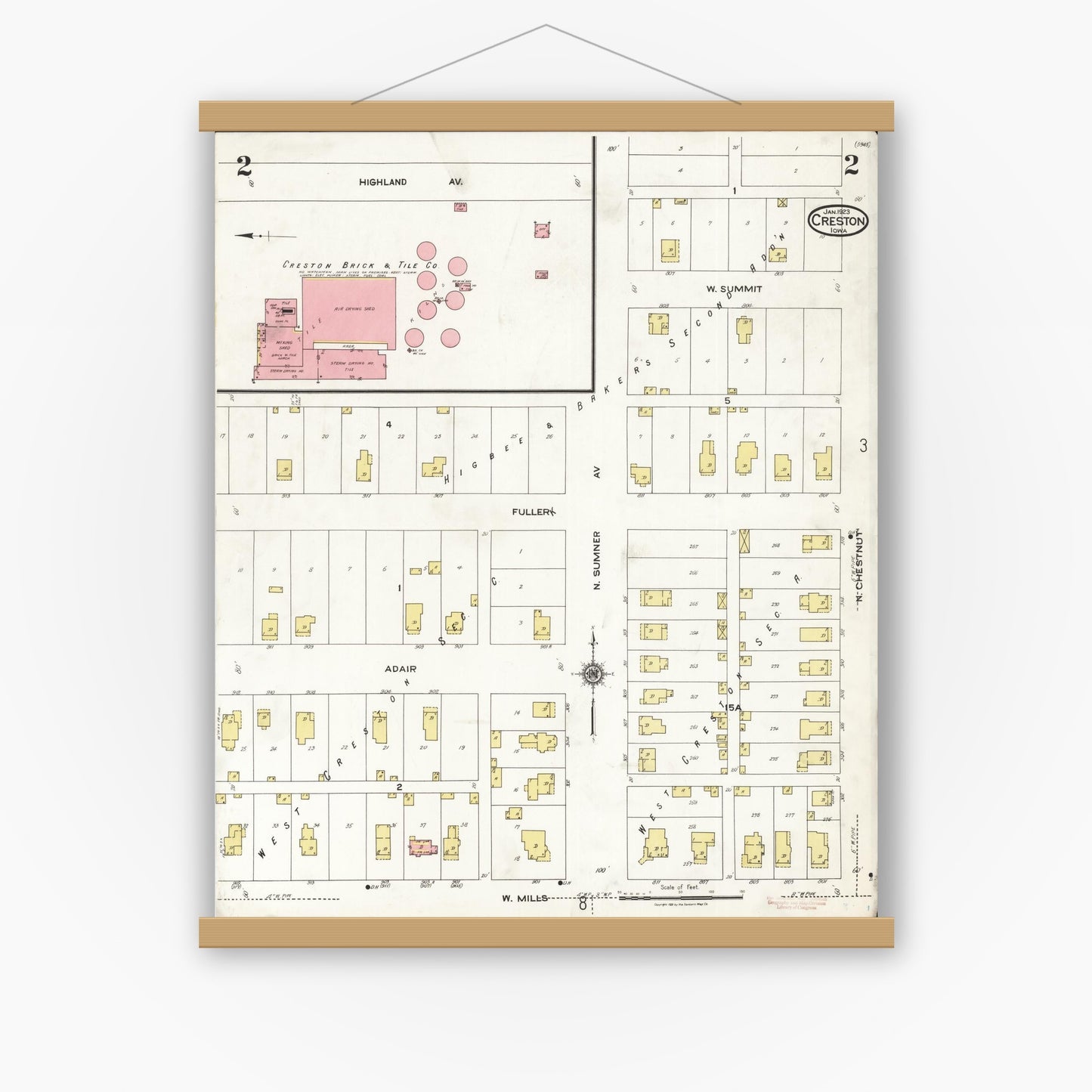 Old map wall art mockup — magnetic wood frame on white wall — Sanborn Fire Insurance Map from Creston, Union County, Iowa (1923), Sheet #0002
