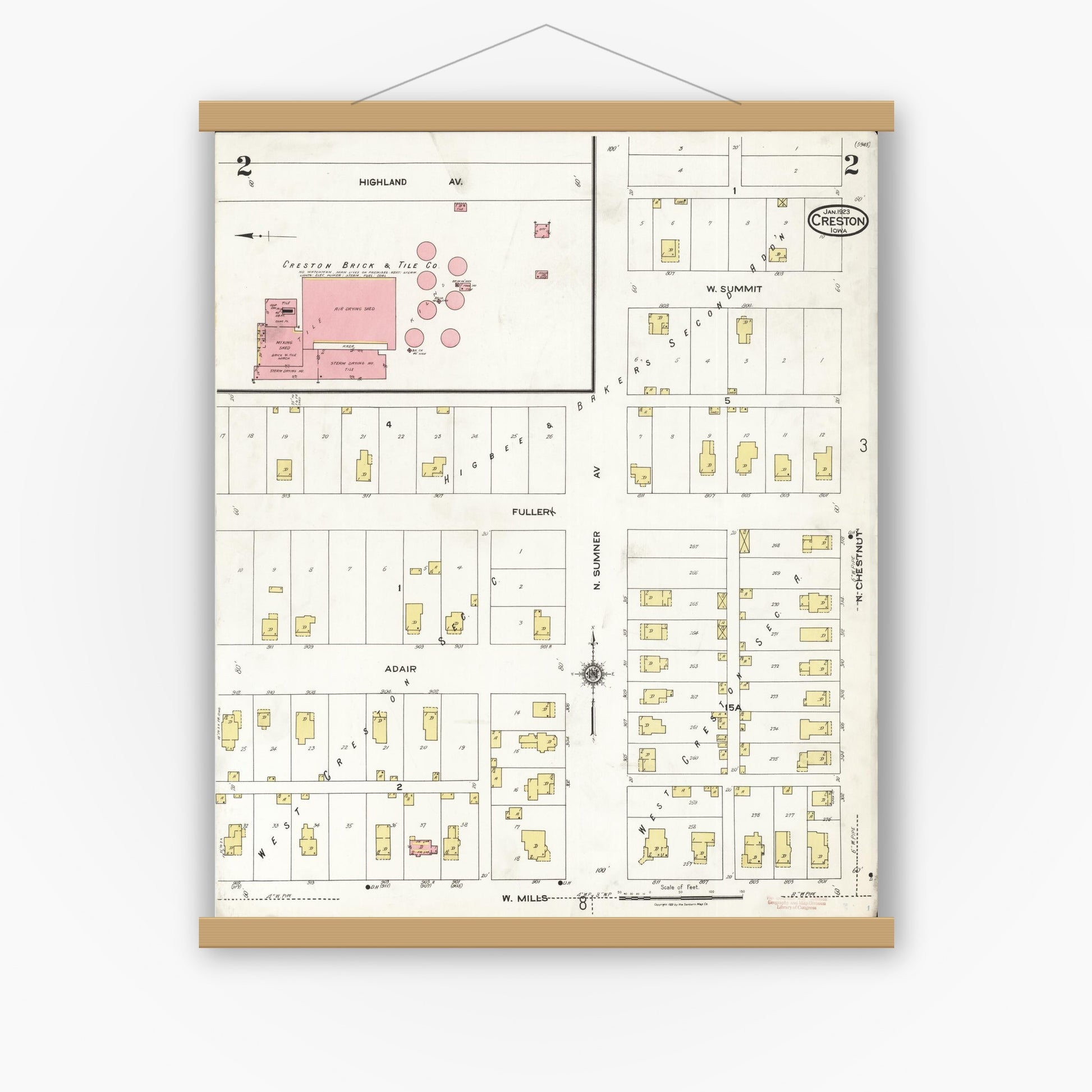 Old map wall art mockup — magnetic wood frame on white wall — Sanborn Fire Insurance Map from Creston, Union County, Iowa (1923), Sheet #0002