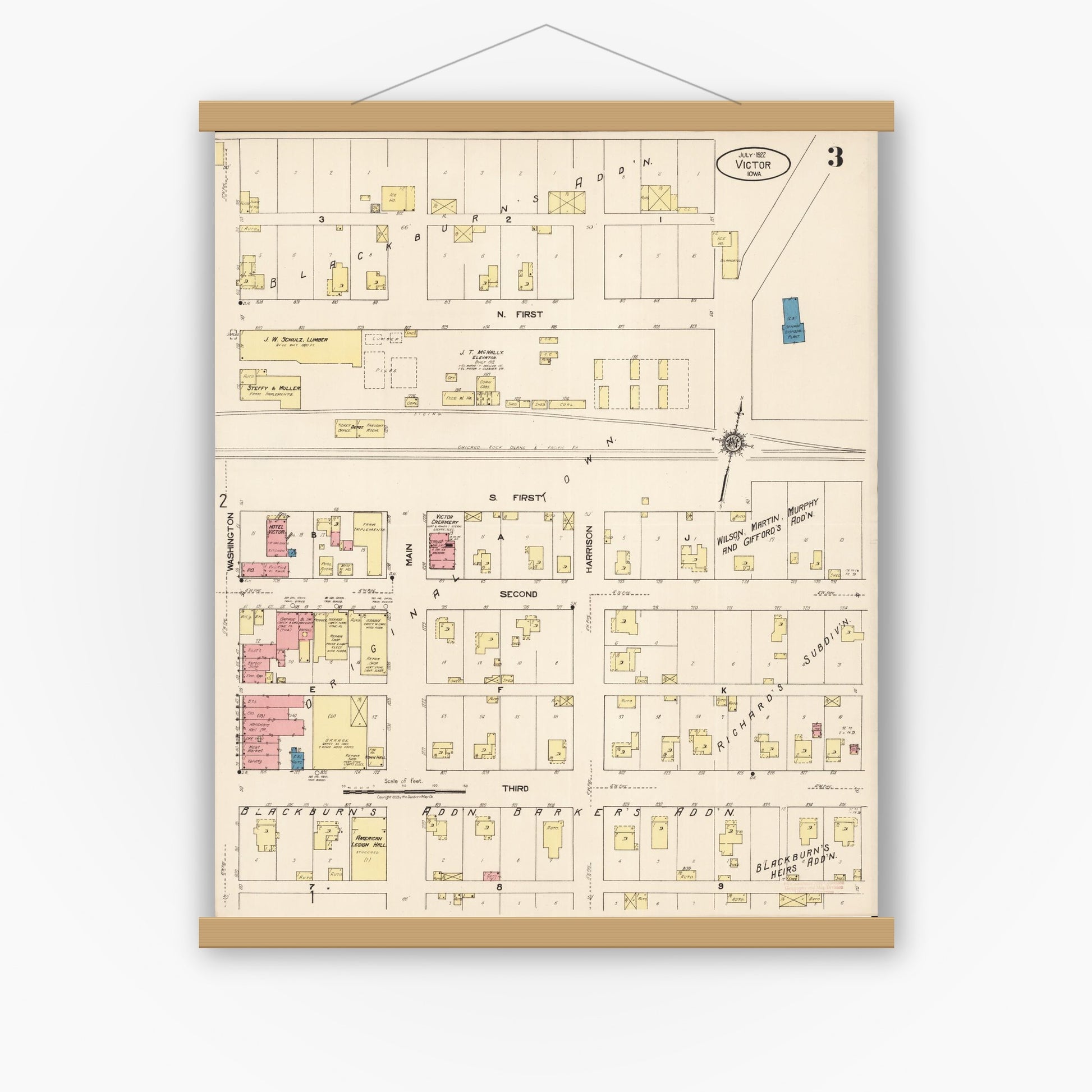 Old map wall art mockup — magnetic wood frame on white wall — Sanborn Fire Insurance Map from Victor, Iowa County, Iowa (1922), Sheet #0003