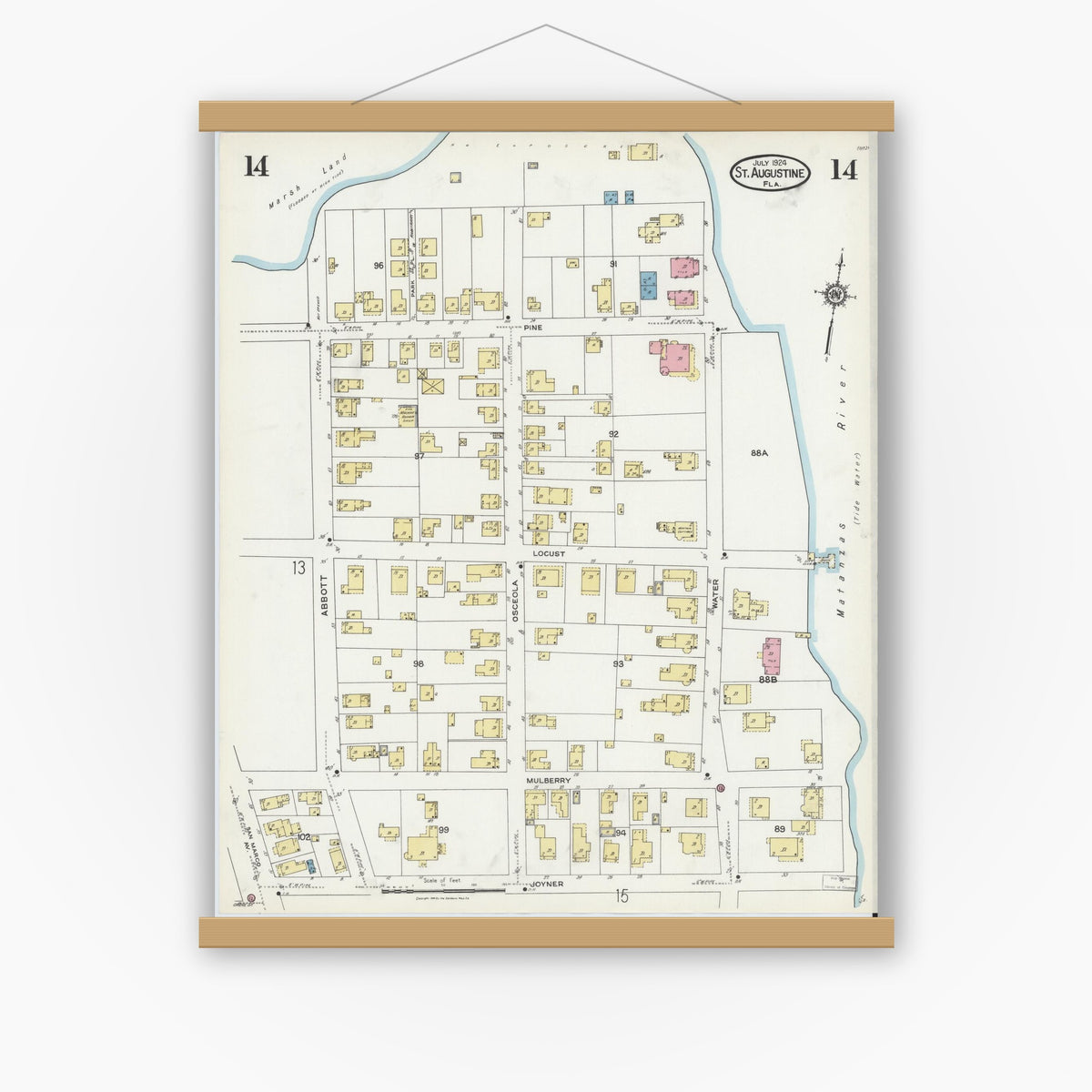 Old map wall art mockup — magnetic wood frame on white wall — Sanborn Fire Insurance Map from Saint Augustine, Saint John's County, Florida (1924), Sheet #0014