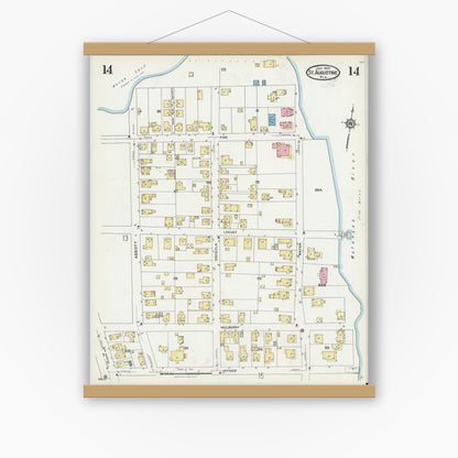 Old map wall art mockup — magnetic wood frame on white wall — Sanborn Fire Insurance Map from Saint Augustine, Saint John's County, Florida (1924), Sheet #0014