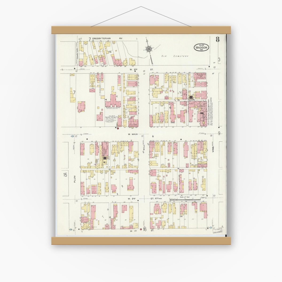 Old map wall art mockup — magnetic wood frame on white wall — Sanborn Fire Insurance Map from Madison, Jefferson County, Indiana (1911), Sheet #0008