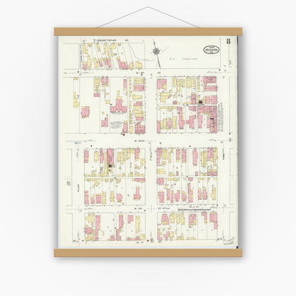 Old map wall art mockup — magnetic wood frame on white wall — Sanborn Fire Insurance Map from Madison, Jefferson County, Indiana (1911), Sheet #0008