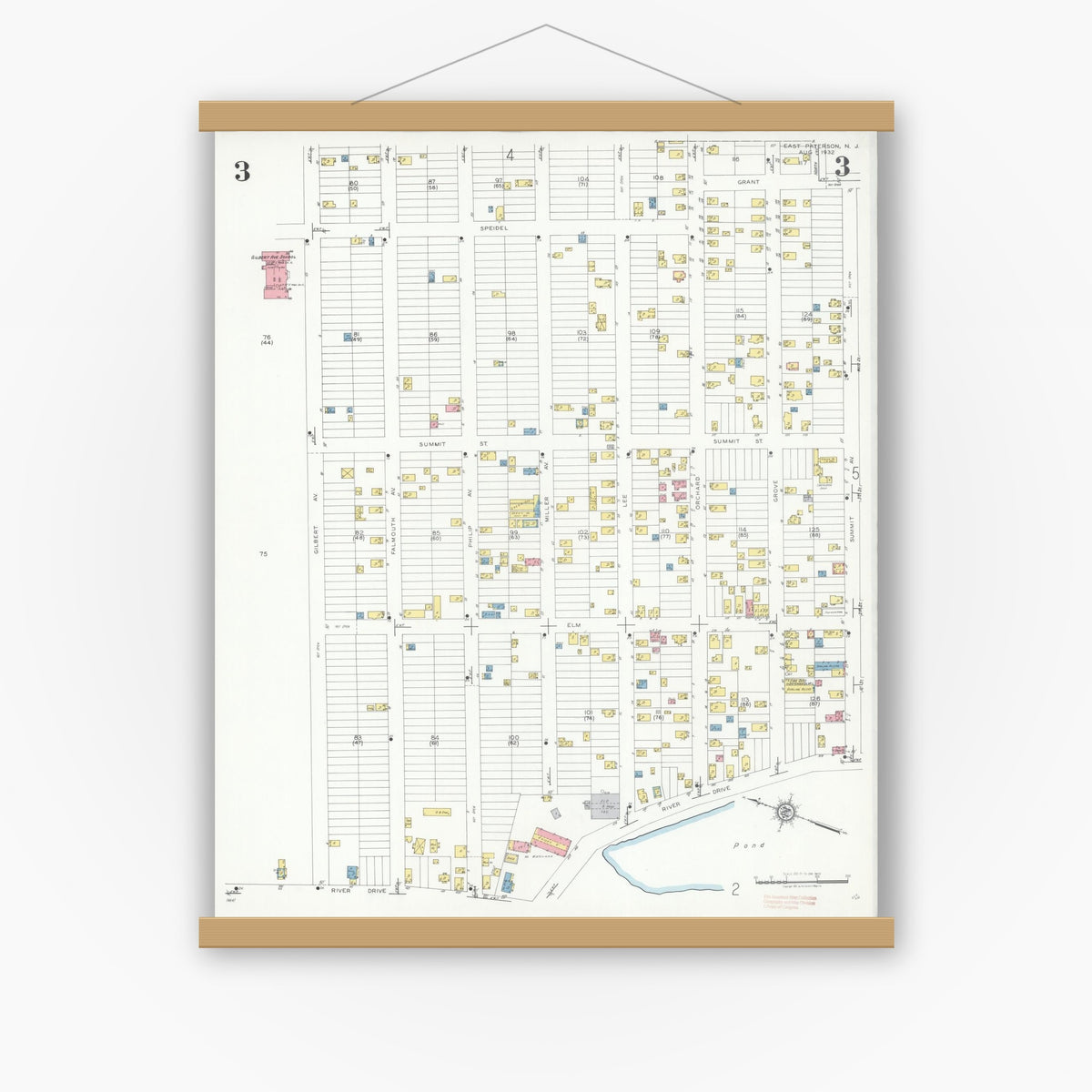 Old map wall art mockup — magnetic wood frame on white wall — Sanborn Fire Insurance Map from East Paterson, Bergen County, New Jersey (1932), Sheet #0003