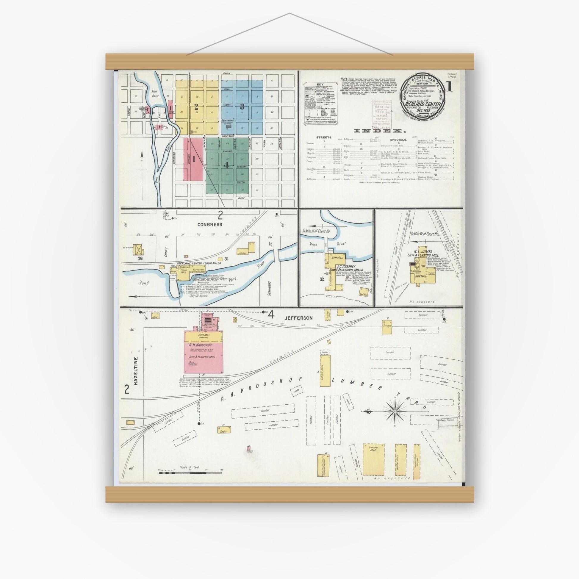 Old map wall art mockup — magnetic wood frame on white wall — Sanborn Fire Insurance Map from Richland Center, Richland County, Wisconsin (1899), Sheet #0001
