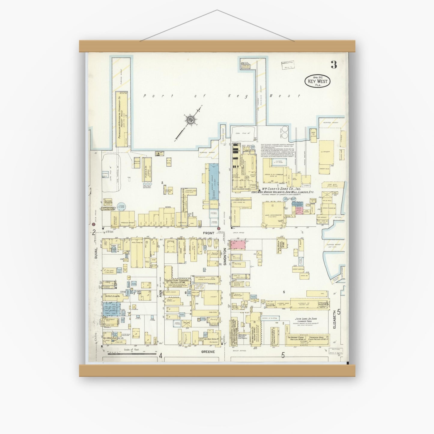 Old map wall art mockup — magnetic wood frame on white wall — Sanborn Fire Insurance Map from Key West, Monroe County, Florida (1912), Sheet #0003