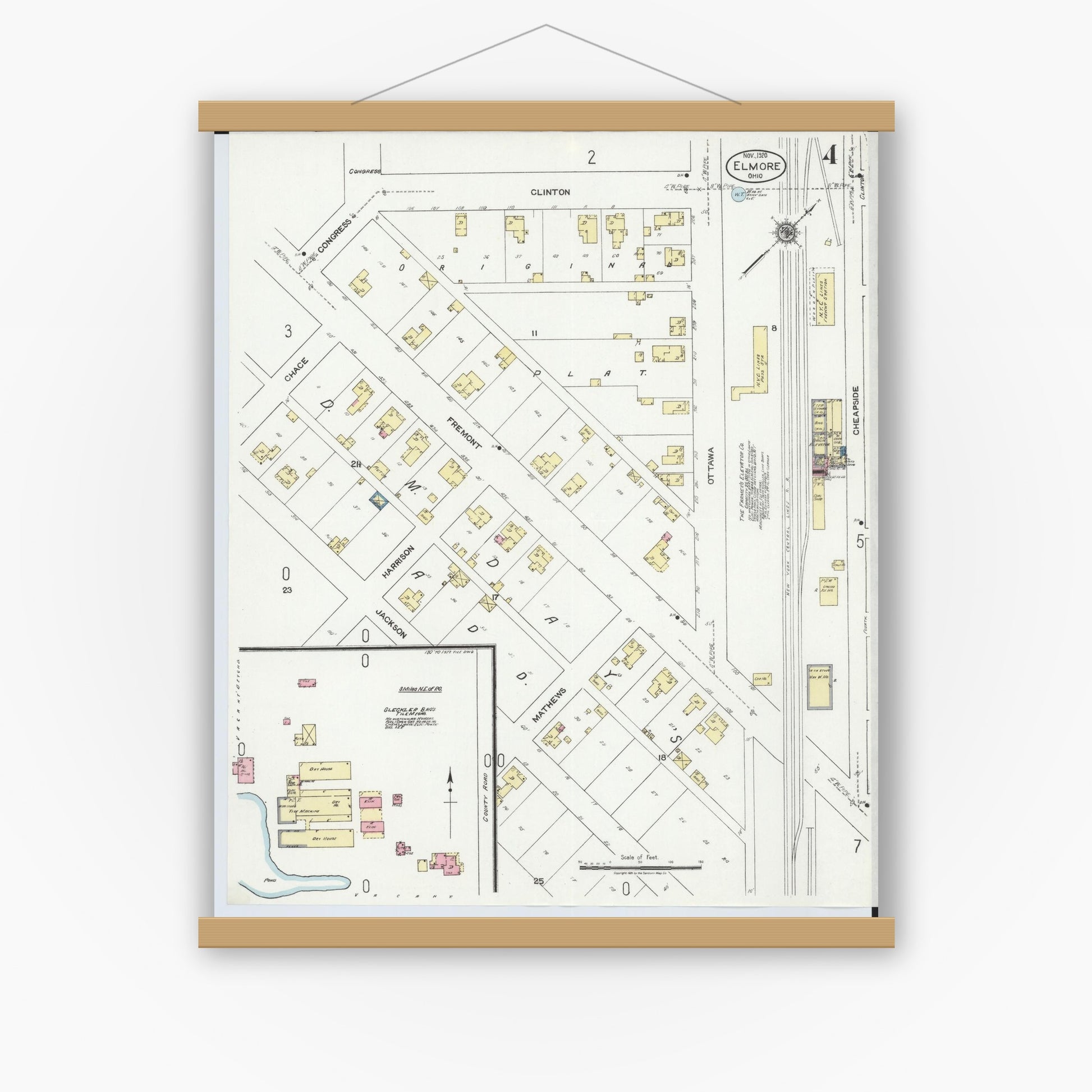 Old map wall art mockup — magnetic wood frame on white wall — Sanborn Fire Insurance Map from Elmore, Ottawa County, Ohio (1920), Sheet #0004