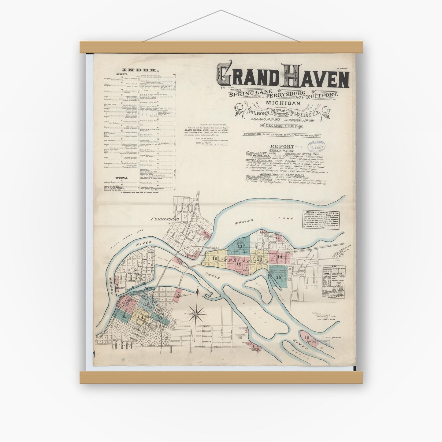Old map wall art mockup — magnetic wood frame on white wall — Sanborn Fire Insurance Map from Grand Haven, Ottawa County, Michigan (1883) - Complete Map Set