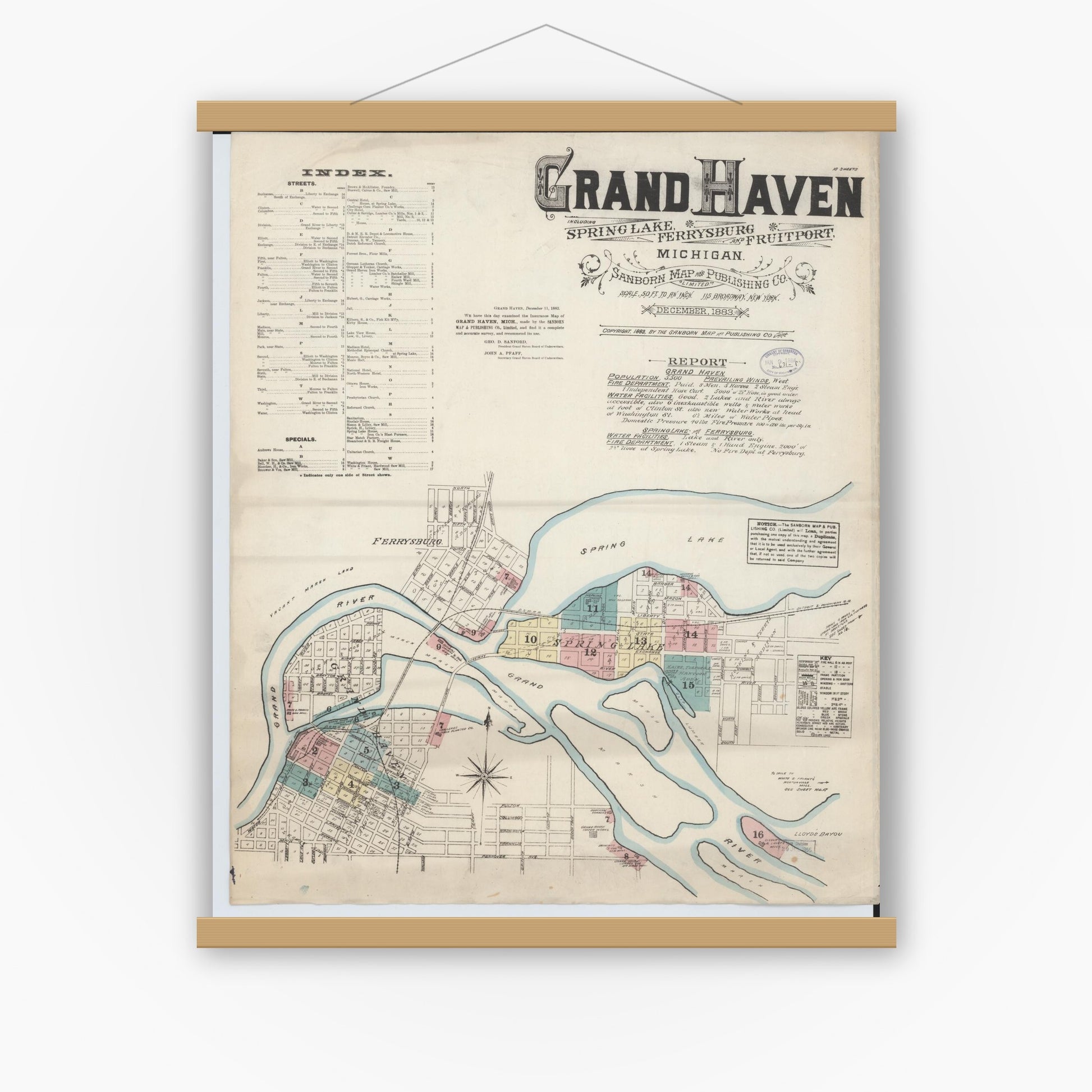 Old map wall art mockup — magnetic wood frame on white wall — Sanborn Fire Insurance Map from Grand Haven, Ottawa County, Michigan (1883) - Complete Map Set
