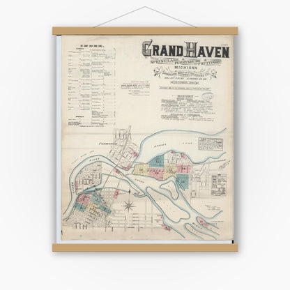 Old map wall art mockup — magnetic wood frame on white wall — Sanborn Fire Insurance Map from Grand Haven, Ottawa County, Michigan (1883) - Complete Map Set