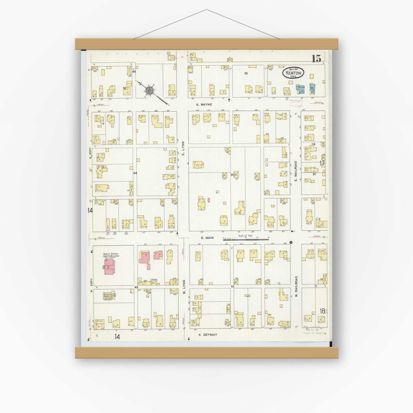 Old map wall art mockup — magnetic wood frame on white wall — Sanborn Fire Insurance Map from Kenton, Hardin County, Ohio (1911), Sheet #0015