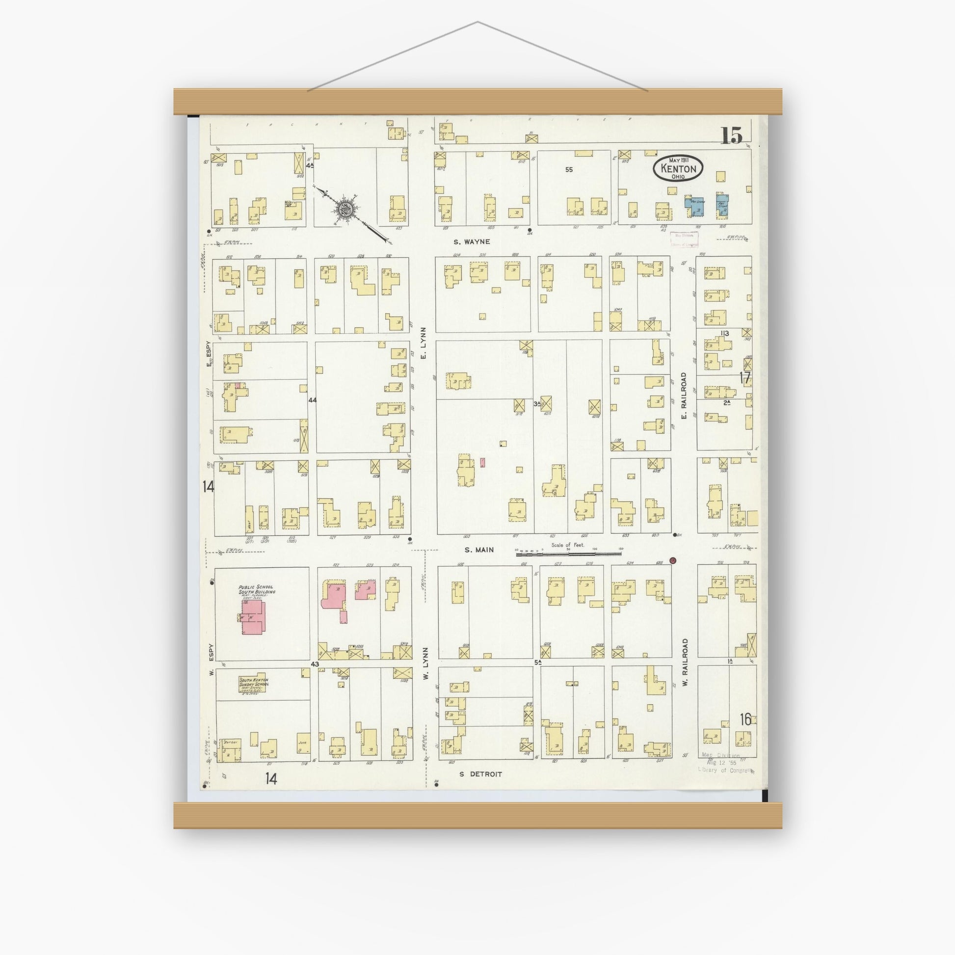 Old map wall art mockup — magnetic wood frame on white wall — Sanborn Fire Insurance Map from Kenton, Hardin County, Ohio (1911), Sheet #0015