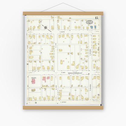 Old map wall art mockup — magnetic wood frame on white wall — Sanborn Fire Insurance Map from Kenton, Hardin County, Ohio (1911), Sheet #0015