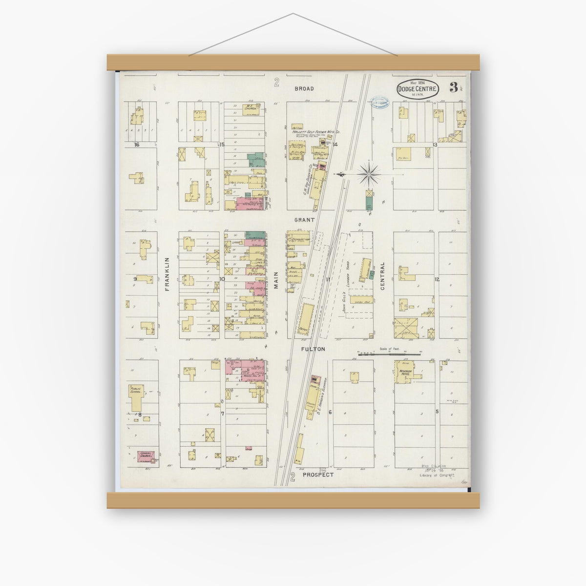 Old map wall art mockup — magnetic wood frame on white wall — Sanborn Fire Insurance Map from Dodge Center, Dodge County, Minnesota (1894), Sheet #0003
