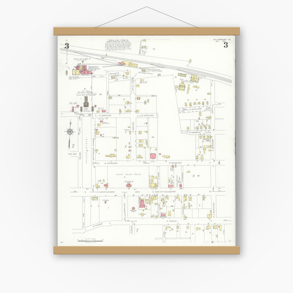 Old map wall art mockup — magnetic wood frame on white wall — Sanborn Fire Insurance Map from Williamsburg, Independent Cities, Virginia (1933), Sheet #0003