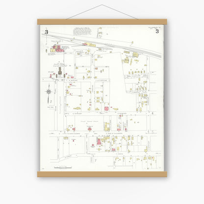 Old map wall art mockup — magnetic wood frame on white wall — Sanborn Fire Insurance Map from Williamsburg, Independent Cities, Virginia (1933), Sheet #0003