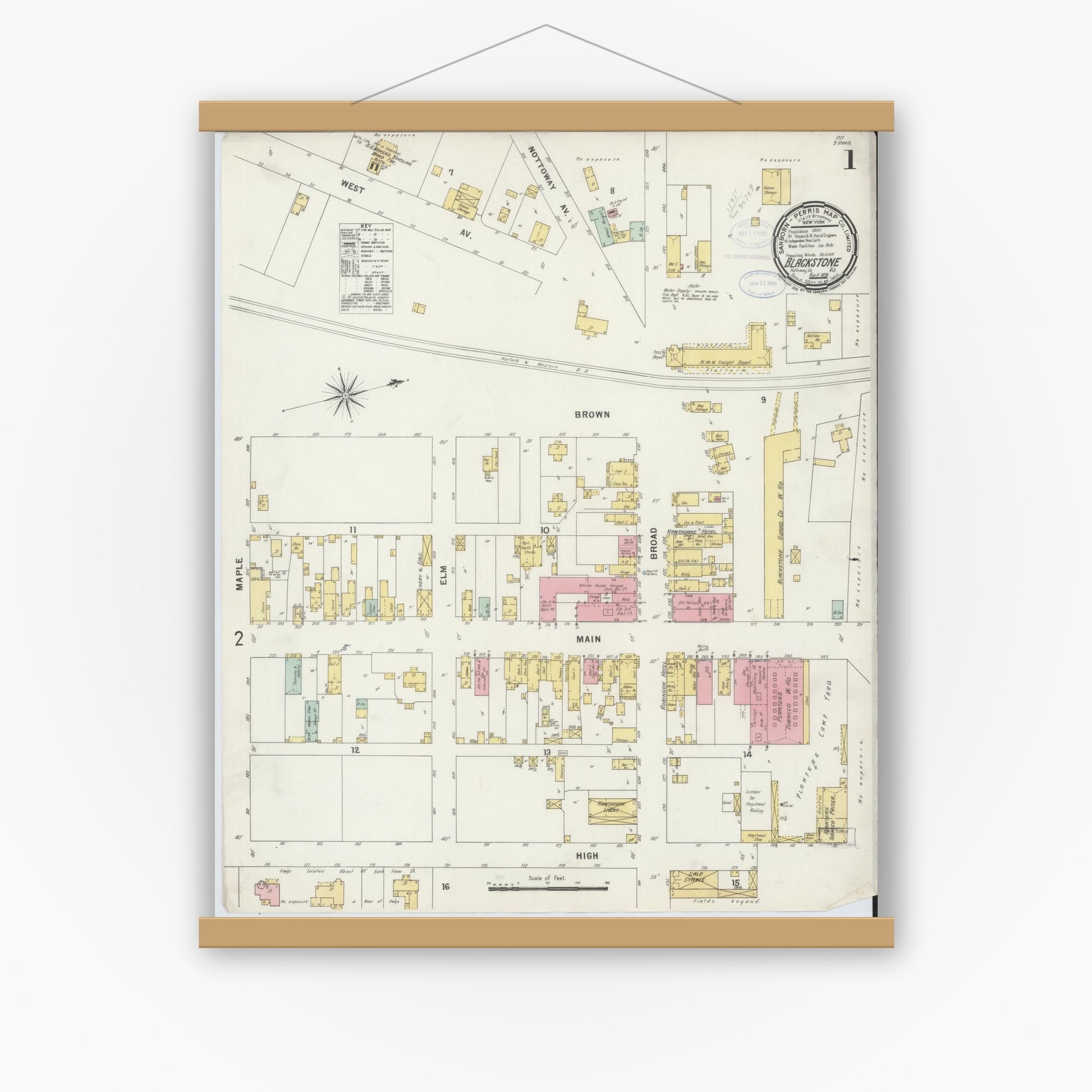 Old map wall art mockup — magnetic wood frame on white wall — Sanborn Fire Insurance Map from Blackstone, Nottoway County, Virginia (1898) - Complete Map Set