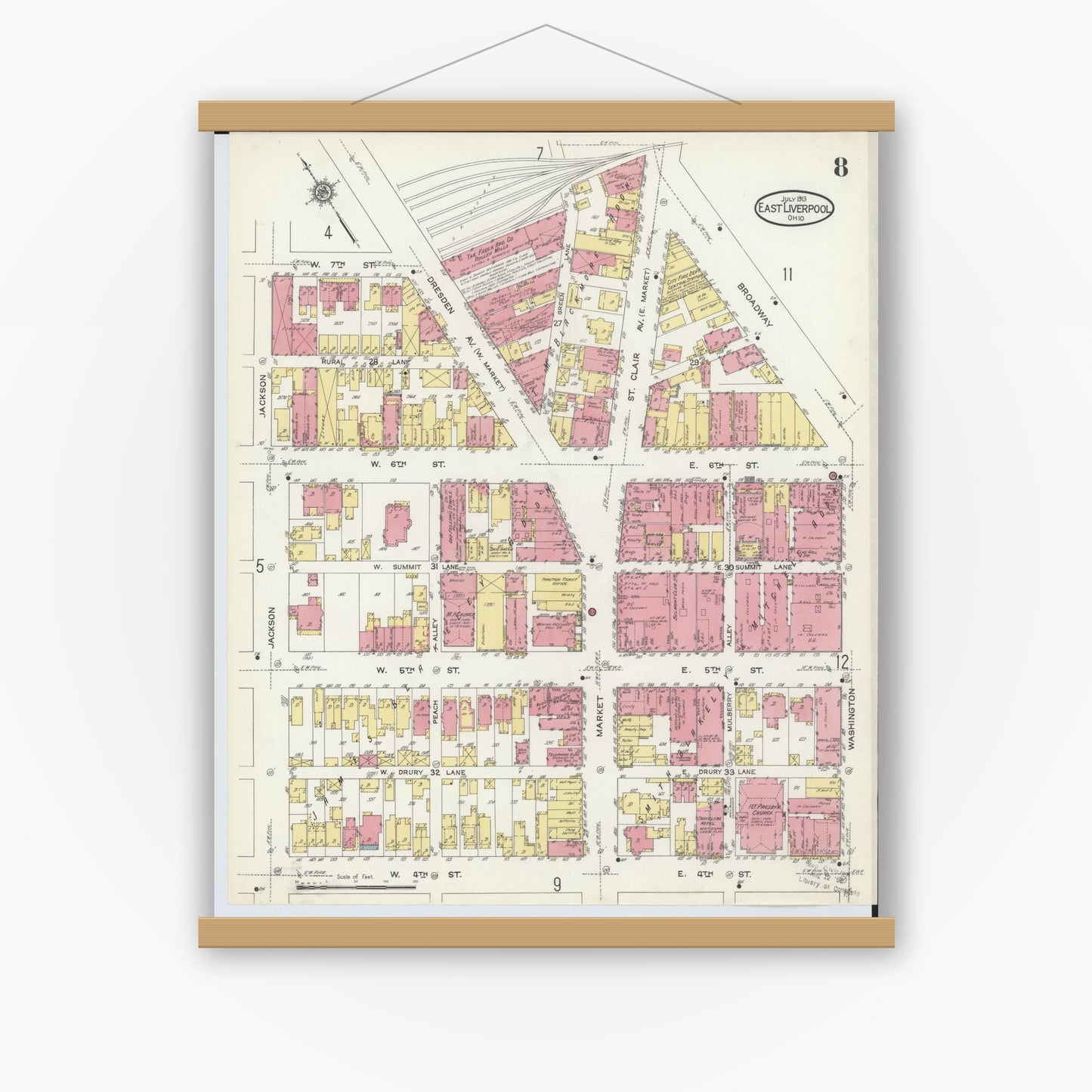 Old map wall art mockup — magnetic wood frame on white wall — Sanborn Fire Insurance Map from East Liverpool, Columbiana County, Ohio (1913), Sheet #0008