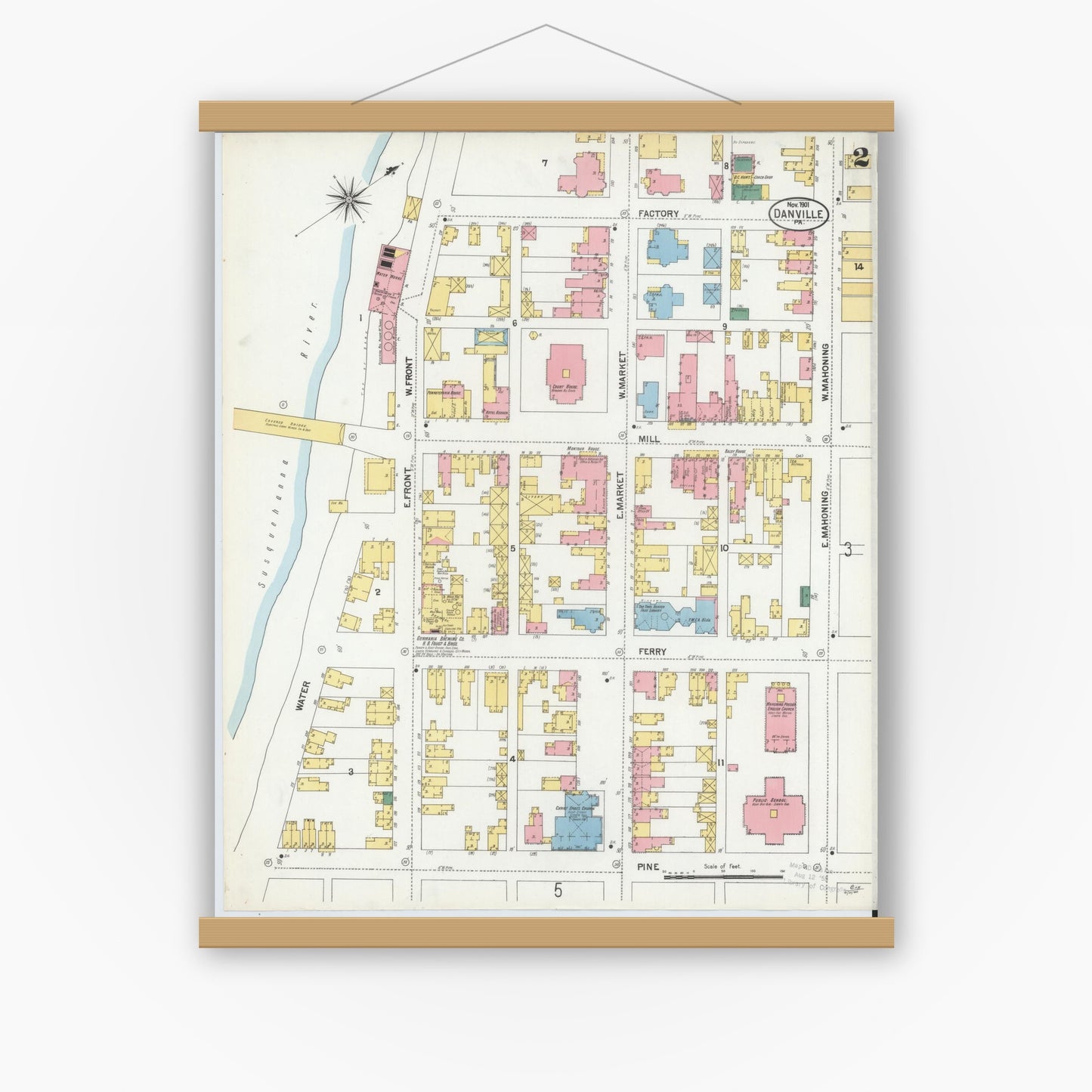 Old map wall art mockup — magnetic wood frame on white wall — Sanborn Fire Insurance Map from Danville, Montour County, Pennsylvania (1901), Sheet #0002
