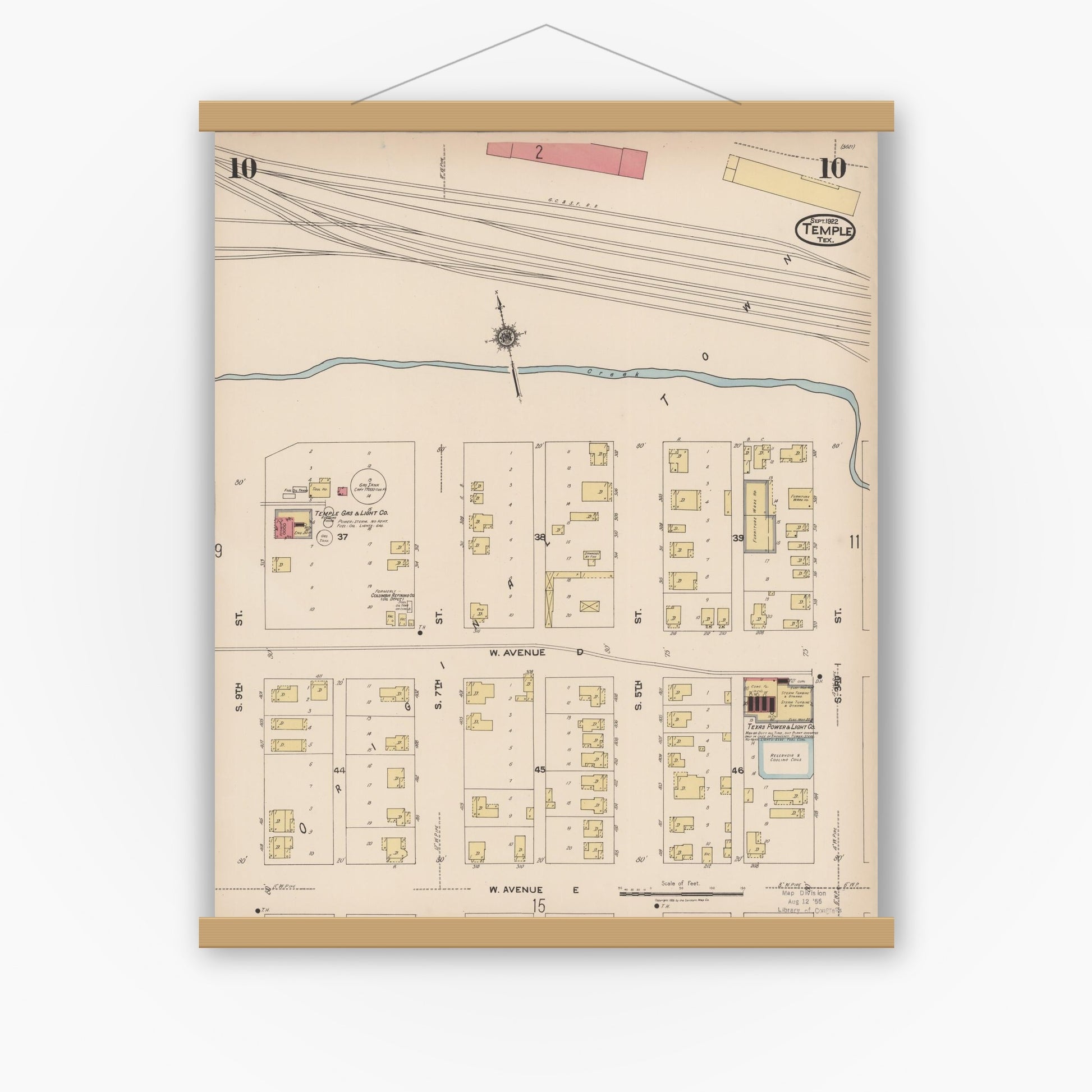 Old map wall art mockup — magnetic wood frame on white wall — Sanborn Fire Insurance Map from Temple, Bell County, Texas (1922), Sheet #0010