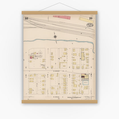 Old map wall art mockup — magnetic wood frame on white wall — Sanborn Fire Insurance Map from Temple, Bell County, Texas (1922), Sheet #0010