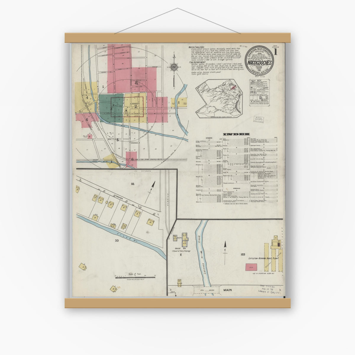 Old map wall art mockup — magnetic wood frame on white wall — Sanborn Fire Insurance Map from Nacogdoches, Nacogdoches County, Texas (1921) - Complete Map Set