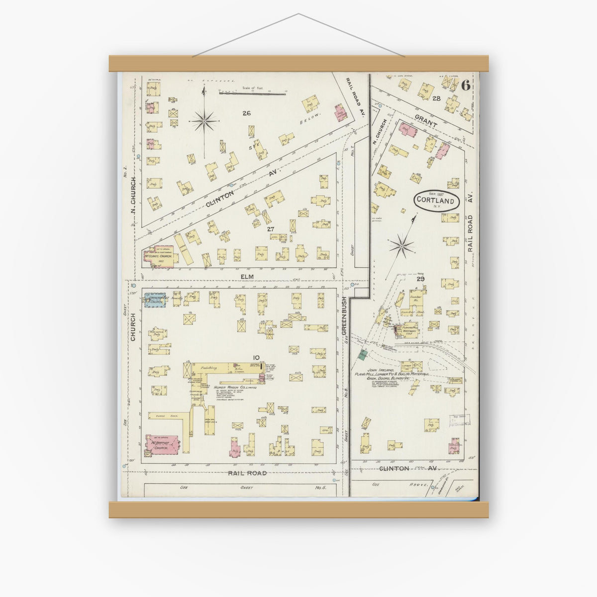 Old map wall art mockup — magnetic wood frame on white wall — Sanborn Fire Insurance Map from Cortland, Cortland County, New York (1887), Sheet #0006