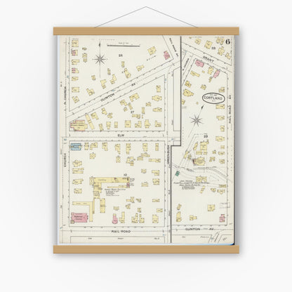 Old map wall art mockup — magnetic wood frame on white wall — Sanborn Fire Insurance Map from Cortland, Cortland County, New York (1887), Sheet #0006