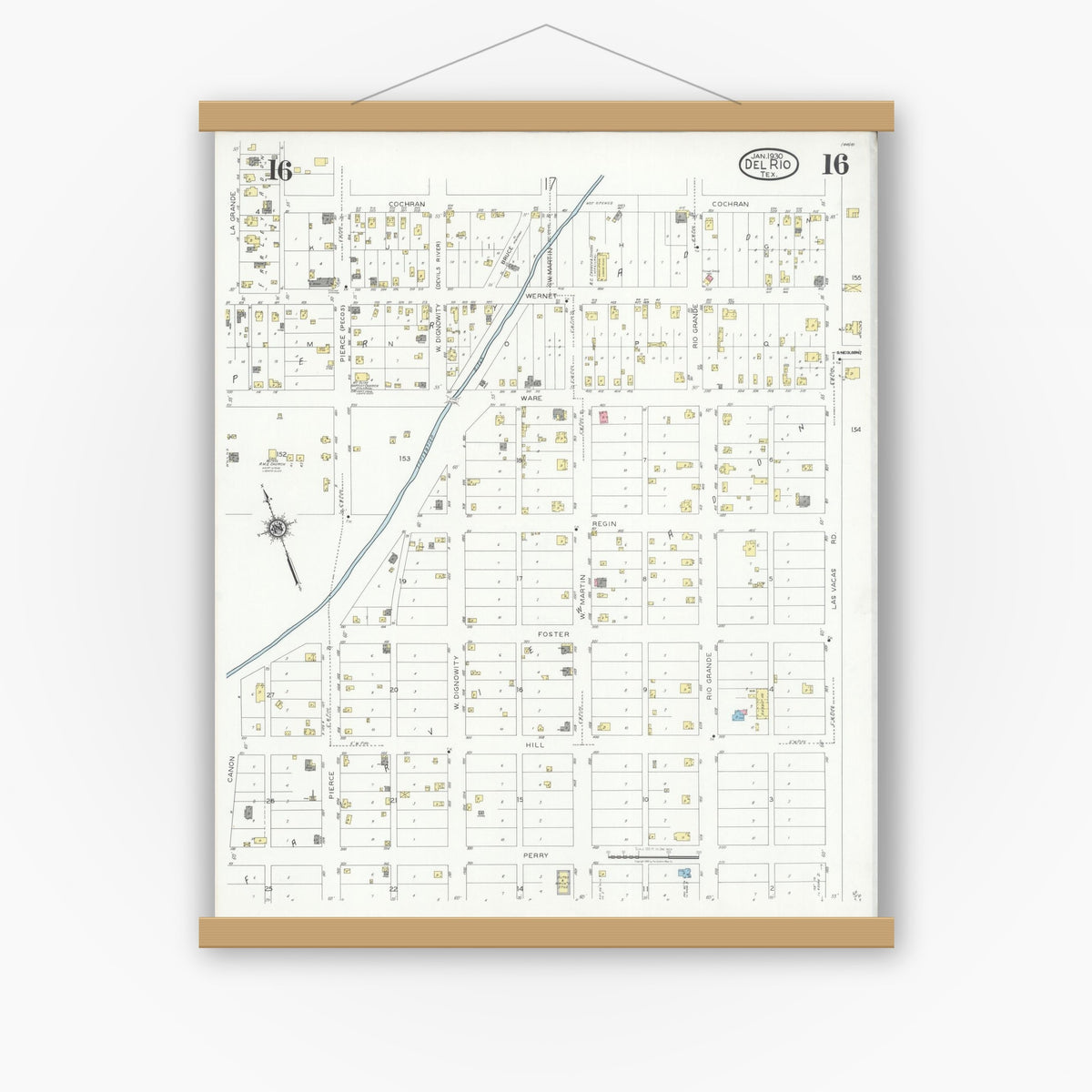 Old map wall art mockup — magnetic wood frame on white wall — Sanborn Fire Insurance Map from Del Rio, Val Verde County, Texas (1930), Sheet #0016