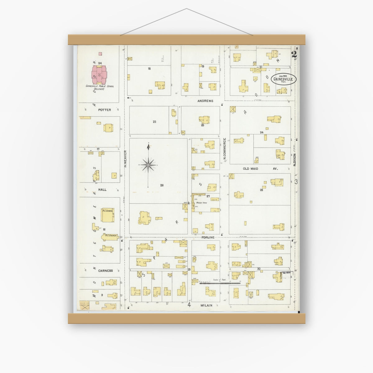 Old map wall art mockup — magnetic wood frame on white wall — Sanborn Fire Insurance Map from Gainesville, Cooke County, Texas (1902), Sheet #0002