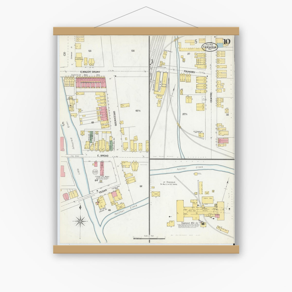 Old map wall art mockup — magnetic wood frame on white wall — Sanborn Fire Insurance Map from Tamaqua, Schuylkill County, Pennsylvania (1902), Sheet #0010