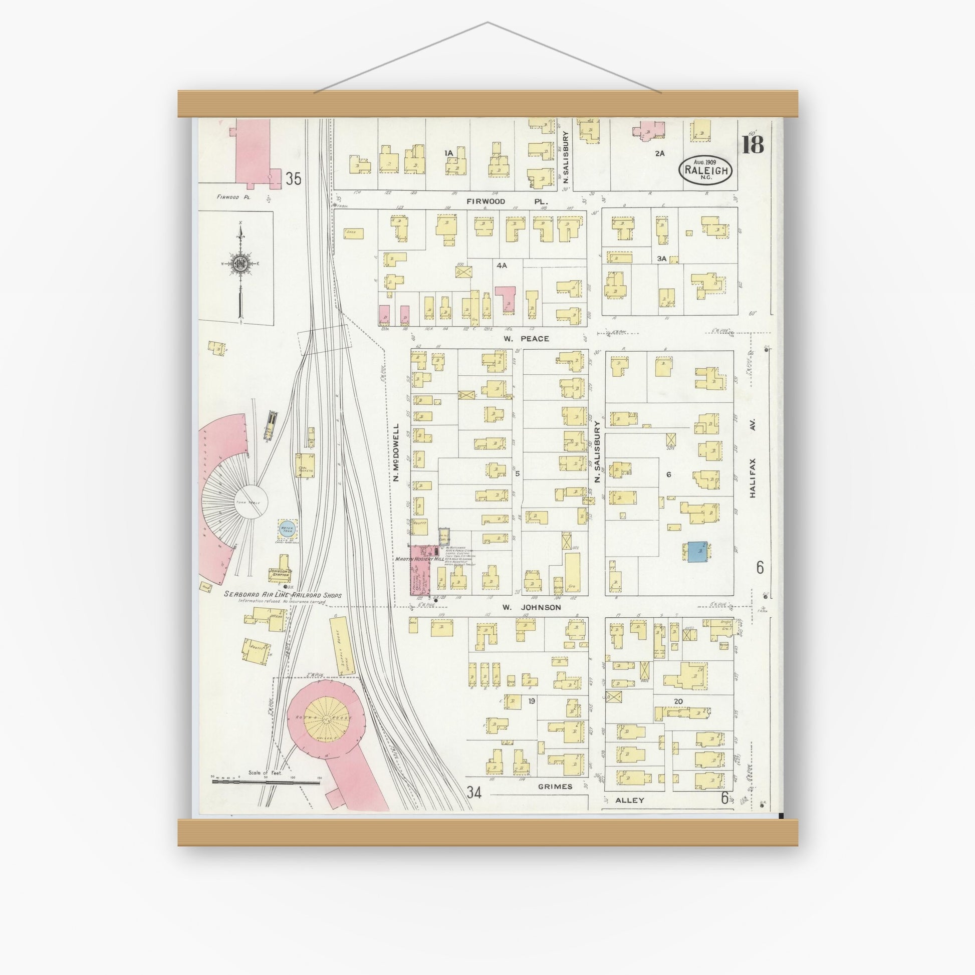 Old map wall art mockup — magnetic wood frame on white wall — Sanborn Fire Insurance Map from Raleigh, Wake County, North Carolina (1909), Sheet #0018