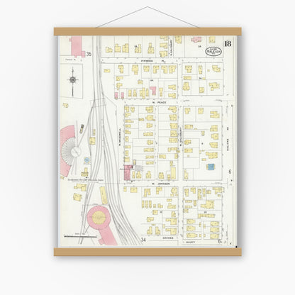 Old map wall art mockup — magnetic wood frame on white wall — Sanborn Fire Insurance Map from Raleigh, Wake County, North Carolina (1909), Sheet #0018