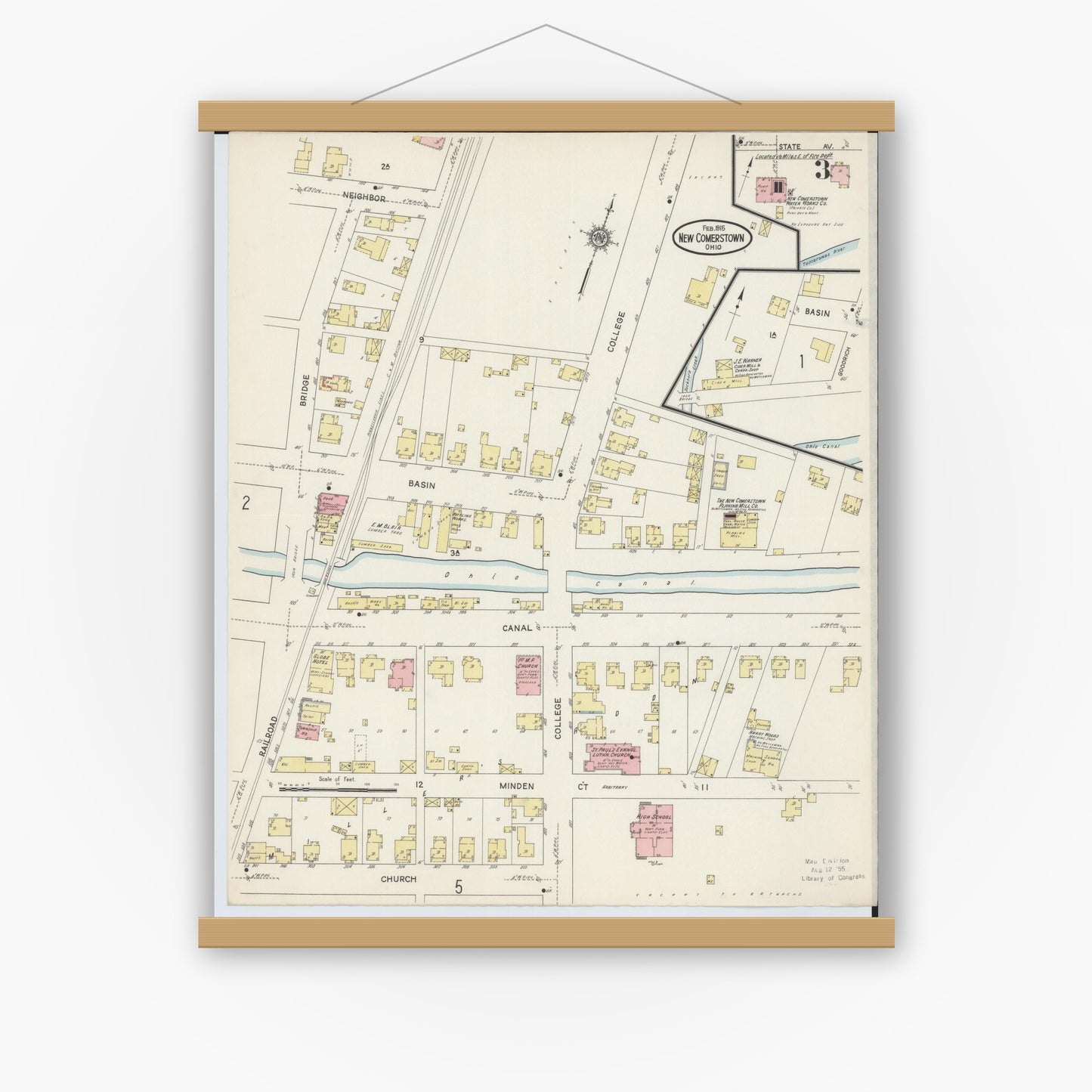 Old map wall art mockup — magnetic wood frame on white wall — Sanborn Fire Insurance Map from Newcomerstown, Tuscarawas County, Ohio (1915), Sheet #0003