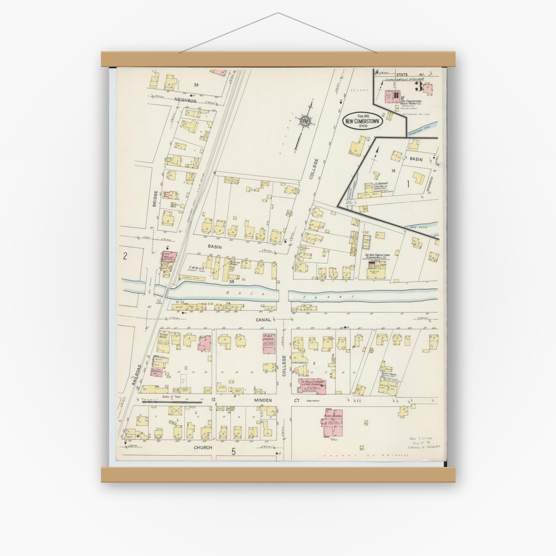 Old map wall art mockup — magnetic wood frame on white wall — Sanborn Fire Insurance Map from Newcomerstown, Tuscarawas County, Ohio (1915), Sheet #0003