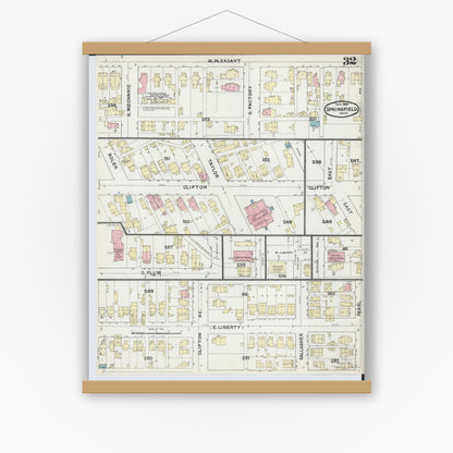 Old map wall art mockup — magnetic wood frame on white wall — Sanborn Fire Insurance Map from Springfield, Clark County, Ohio (1891), Sheet #0032