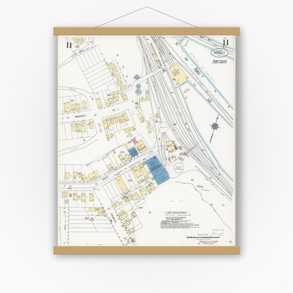 Old map wall art mockup — magnetic wood frame on white wall — Sanborn Fire Insurance Map from Crockett, Contra Costa County, California (1924), Sheet #0011