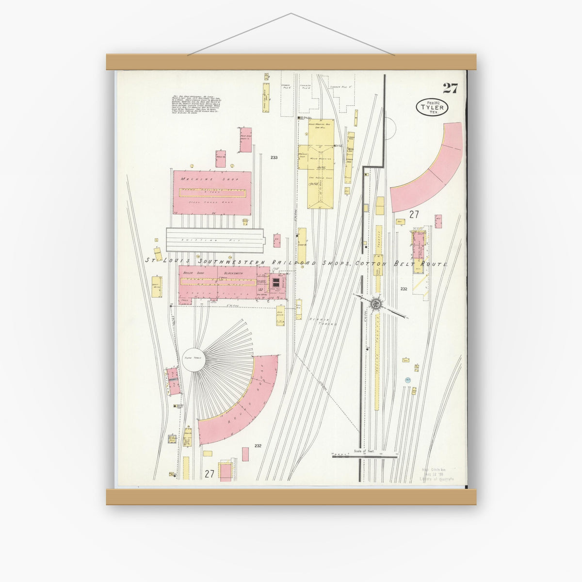 Old map wall art mockup — magnetic wood frame on white wall — Sanborn Fire Insurance Map from Tyler, Smith County, Texas (1912), Sheet #0027