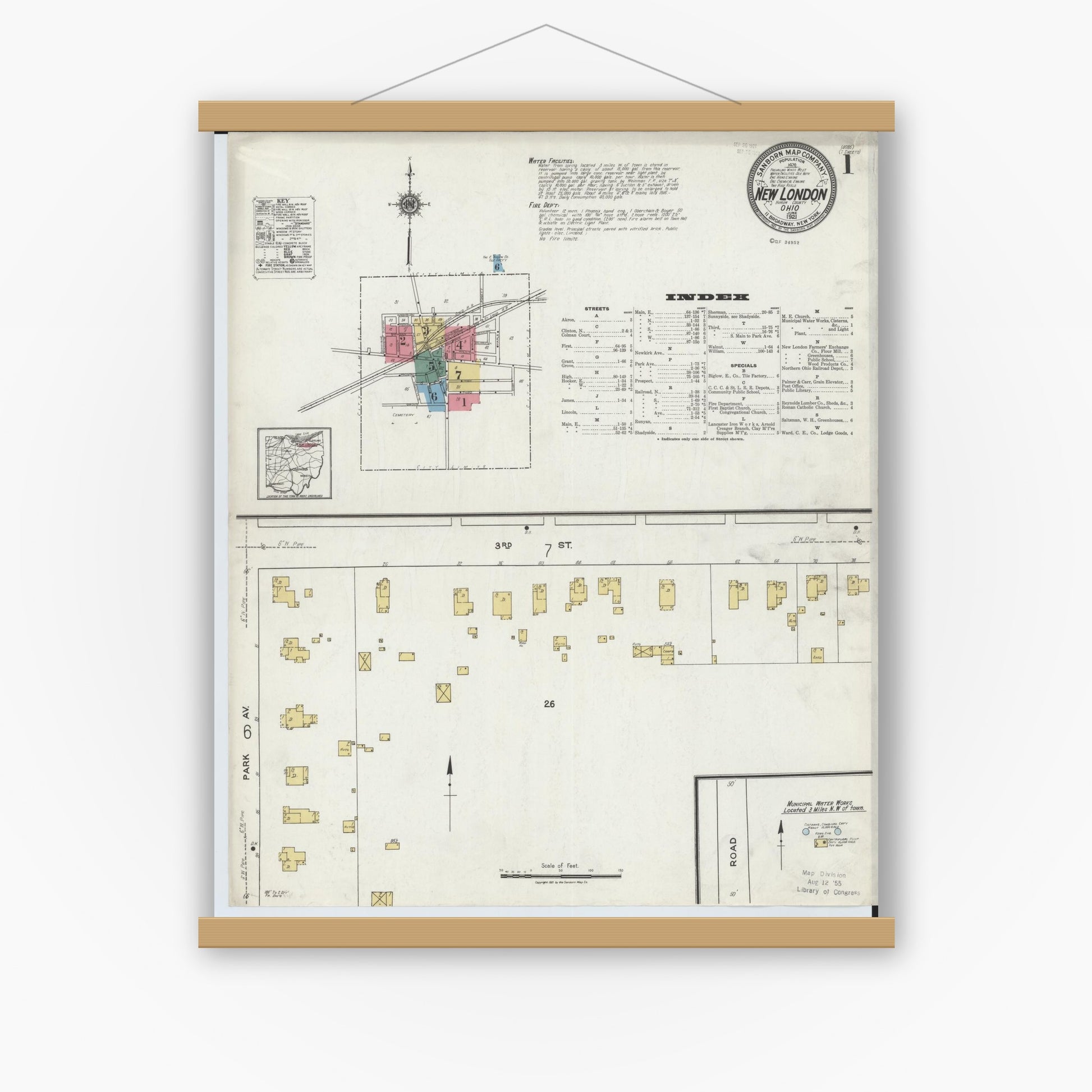 Old map wall art mockup — magnetic wood frame on white wall — Sanborn Fire Insurance Map from New London, Huron County, Ohio (1921) - Complete Map Set