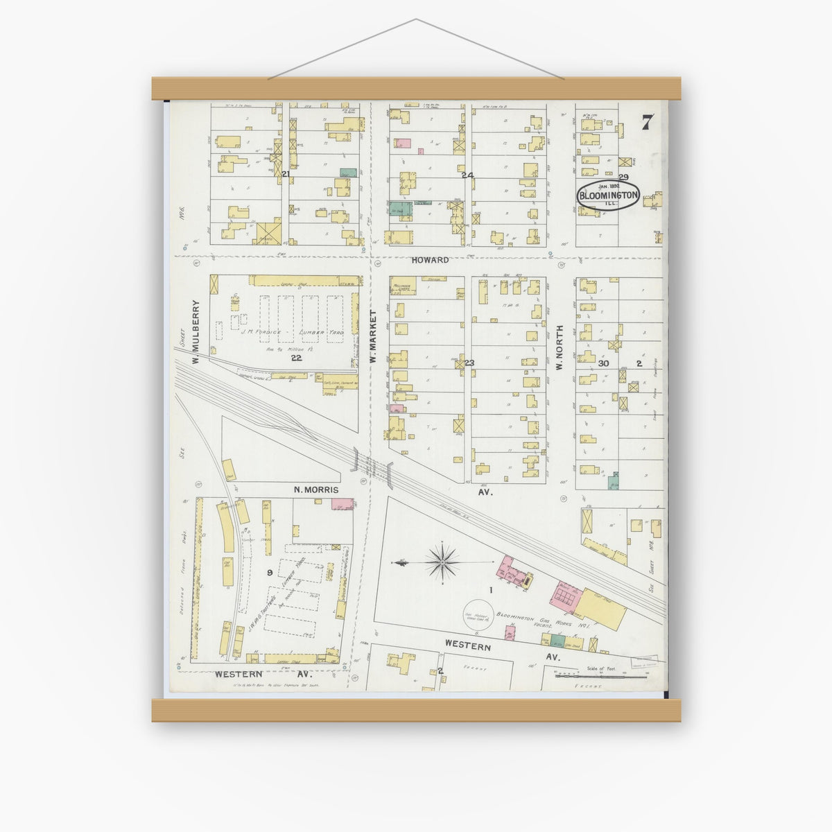 Old map wall art mockup — magnetic wood frame on white wall — Sanborn Fire Insurance Map from Bloomington, McLean County, Illinois (1892), Sheet #0007