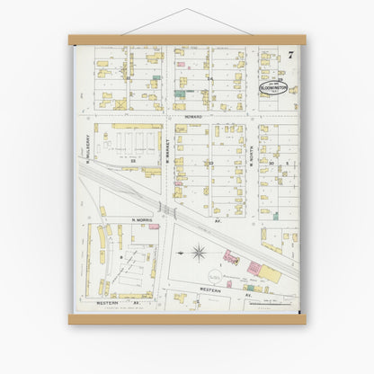 Old map wall art mockup — magnetic wood frame on white wall — Sanborn Fire Insurance Map from Bloomington, McLean County, Illinois (1892), Sheet #0007
